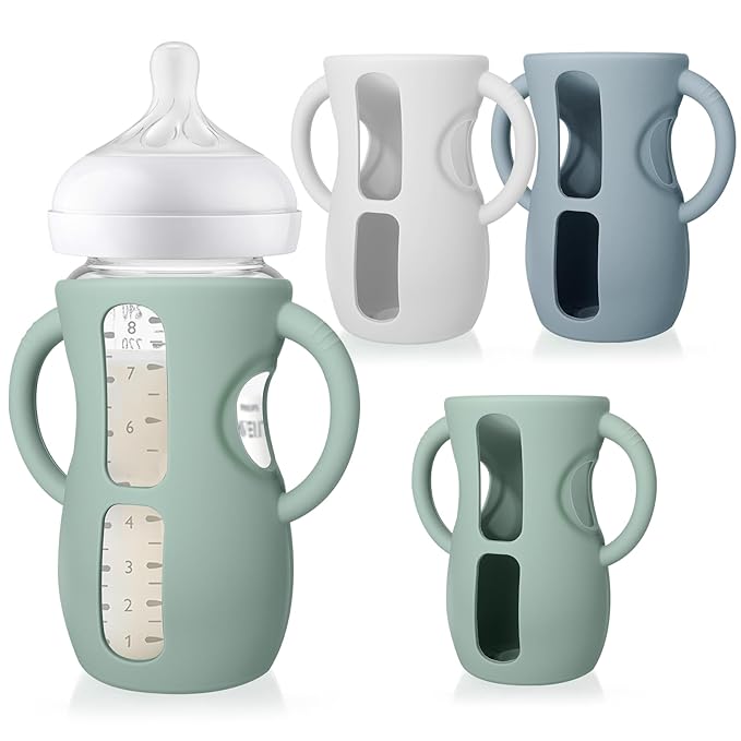 Juome Silicone Sleeves with Handles for Avent Natural Glass Baby Bottle - 3 Pack Anti Breakage Baby Bottles Holder, Compatible with Philips Avent Anti Colic Baby Bottles 8 oz