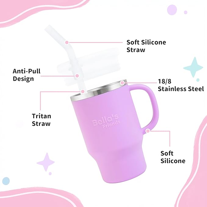 Bella's Friends Handy Mini Tumbler – Adorable 9 oz Toddler Sippy Cup, Stainless Interior & Silicone Body, Leak‑Proof, Dishwasher Safe, Gift for 1-3 Years Old Girls & Boys, 2 Pack, Lilac&Azure Blue