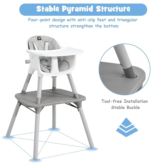 BABY JOY High Chair, 5 in 1 Convertible Highchair for Babies & Toddlers | Booster Seat | Table and Chair Set | Infant Feeding Chair with Removable Tray, Safety Harness, Removable Cushion (Gray)