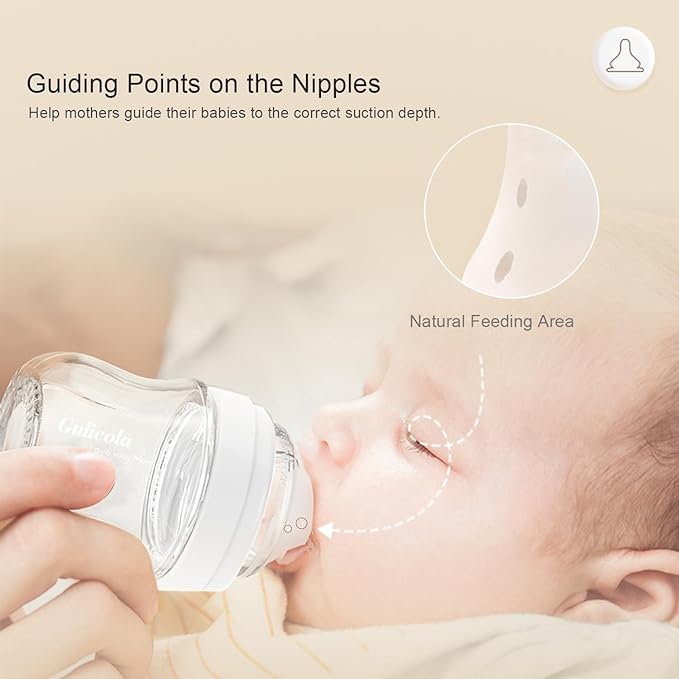 Gulicola Natural Glass Baby Bottle for Breastfed Babies, Anti-Colic Baby Bottle Set with Medium Flow Nipple, 3 Months +, 8 oz, 2 Pack - White
