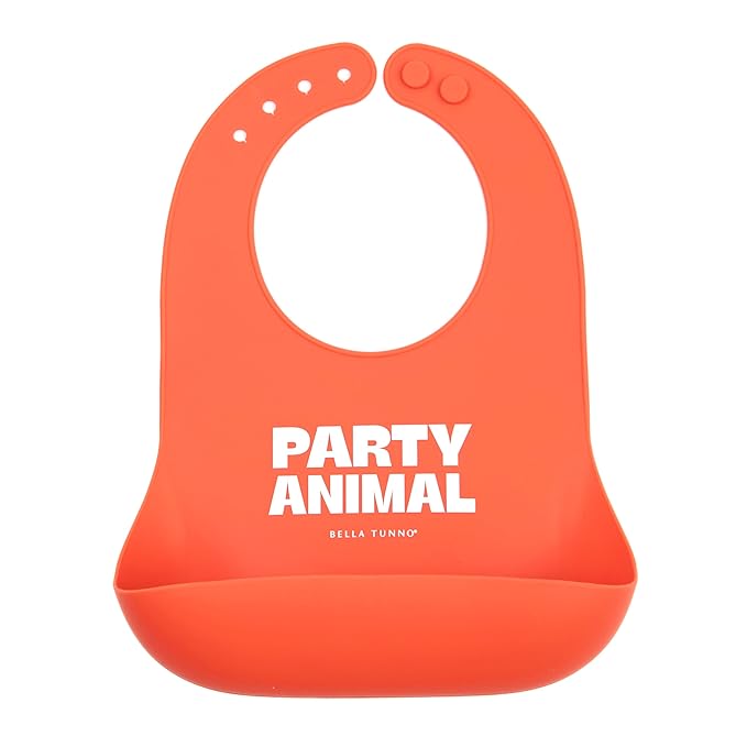 Baby Bib for Eating by Bella Tunno, Waterproof Silicone Bib with Large Food Catcher, Adjustable Fit for Babies 4-12 months & Toddlers 1-3 Years, Boys & Girls, Party Animal