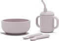 Lalo First Bites Silicone Baby Feeding Set - Baby Led Weaning Supplies - Non-Toxic Silicone - Includes 2 Spoons, Training Cup, & Suction Bowl - 4 Pieces - Lavender