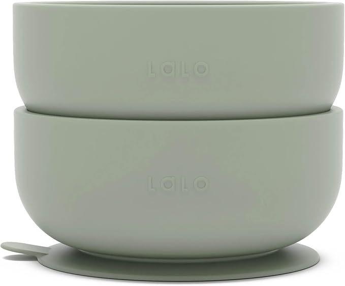 Lalo Suction Bowls - 2 Pack, 100% Silicone Non-Toxic BPA-Free Baby Bowls with Suction Base To Prevent Accidental Tip-Overs - Silicone Bowls For Babies And Toddlers - Sage