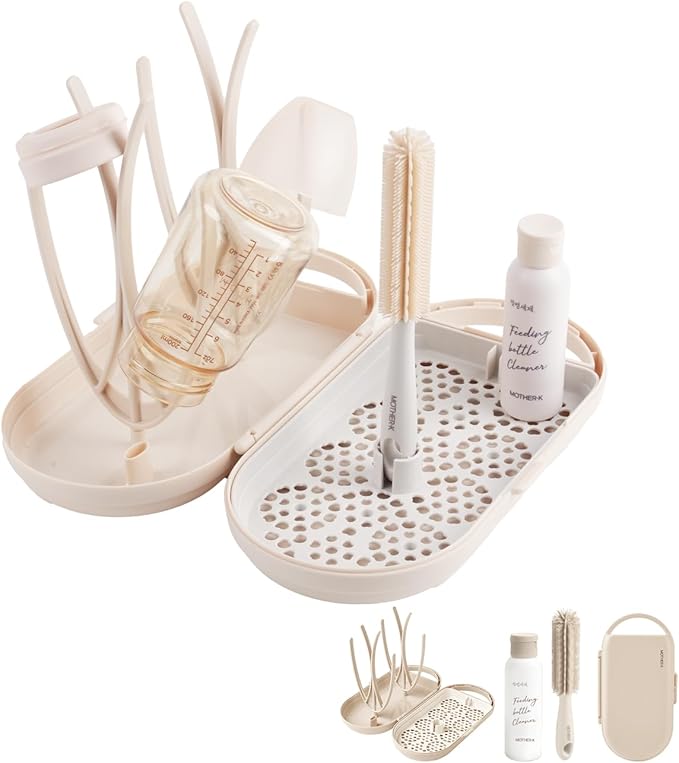 MOTHER-K Travel Baby Bottle Drying Rack Set - Baby Bottle Cleaner Kit with Mini Silicone Bottle Brush, Portable Bottle Drying Rack for Home and Travel (Cream)