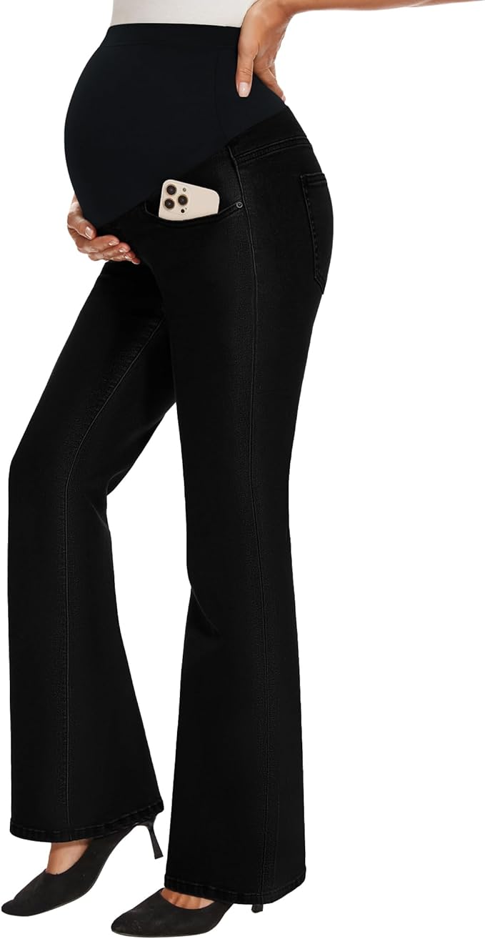 GLAMIX Women's Stretch Maternity Bootcut Jeans with Pockets Over The Belly Bell Bottoms Flare Denim Pants Pregnancy Clothes