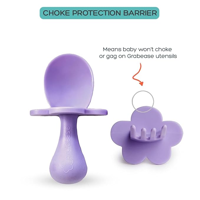 Grabease Baby Feeding Utensil Set - Ergonomic Self-Feeding & Toddler Spoon & Fork - Sturdy Plastic Training Silverware for Toddlers - Travel Pouch & Silverware for 1-Year-Olds - Lavender, Pack of 1