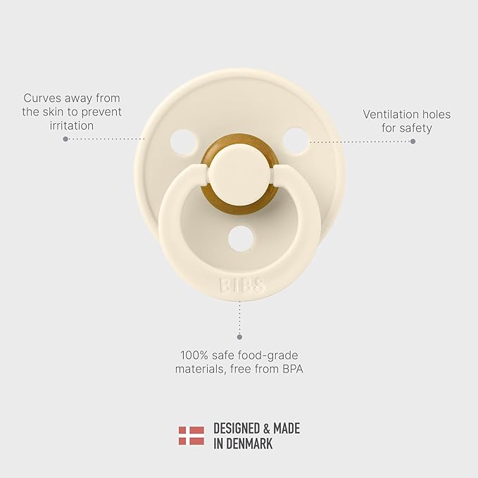 BIBS Pacifiers Colour Collection | Natural Rubber Baby Pacifier | Round Nipple | Set of 2 BPA-Free Soothers | Made in Denmark | 0+ Months (Pack of 2) | Vanilla/Pine