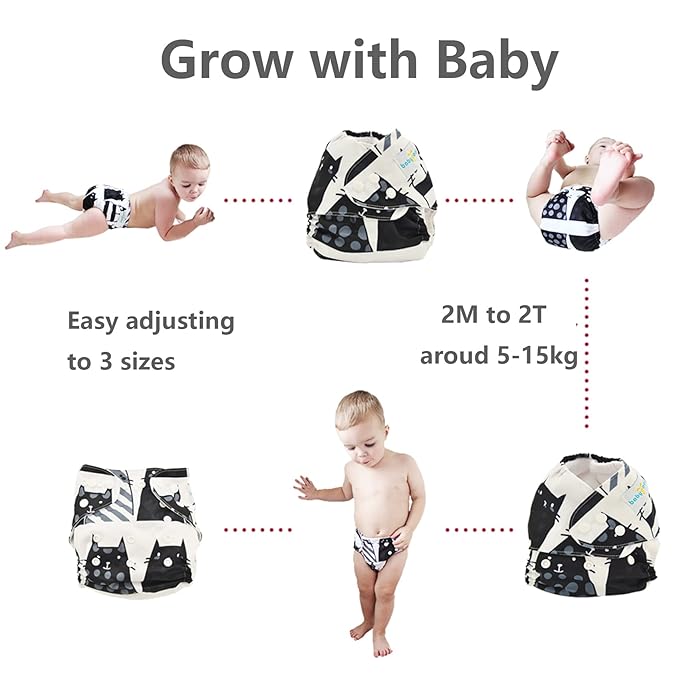 Babygoal Baby Reusable Neutral Cloth Diapers 6 Pack with 10pcs Inserts, One Size Adjustable Washable Pocket Nappy Covers for Baby Boys and Girls 6FN05