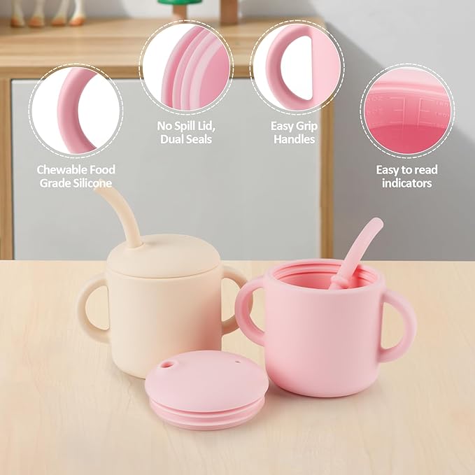 Silicone Baby Cup with Straw, Straw Cup for 6 Months+, Leak Proof, 6 fl oz (Grey)