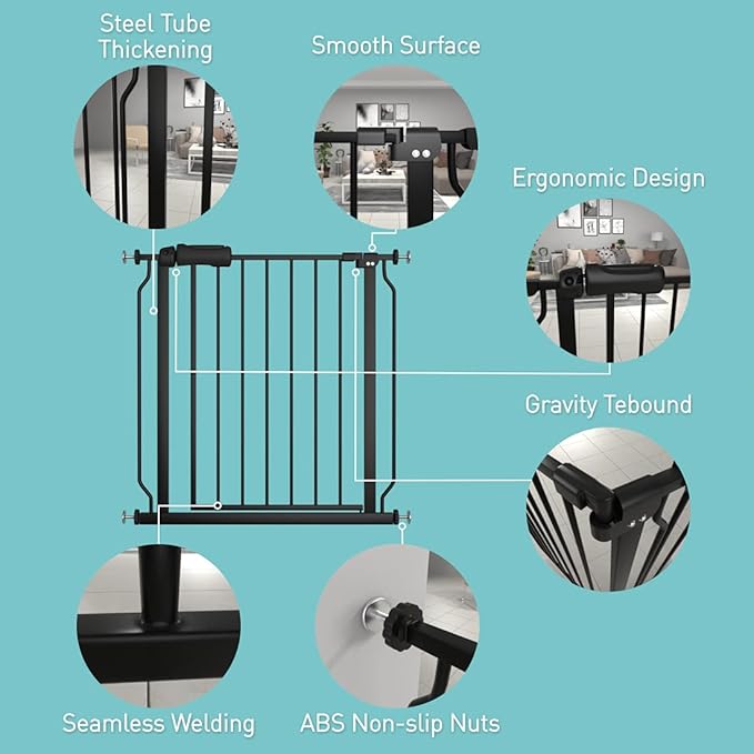 WAOWAO Baby Gate 57.48-62.20" Extra Wide Pressure Mounted Walk Through Swing Auto Close Safety Black Metal Toddler Kids Child Dog Pet Puppy for Stairs,Doorways,Kitchen
