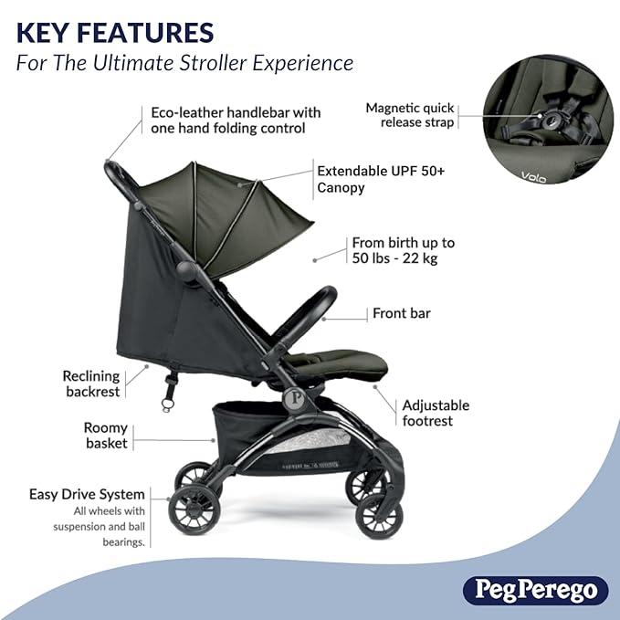 Peg Perego Volo, Ultra Lightweight Carry On Compliant Travel Stroller, Adjustable Features & Reclining Seat - Designed for Everyday Comfort from Newborn to 50lbs, True Black (Black)