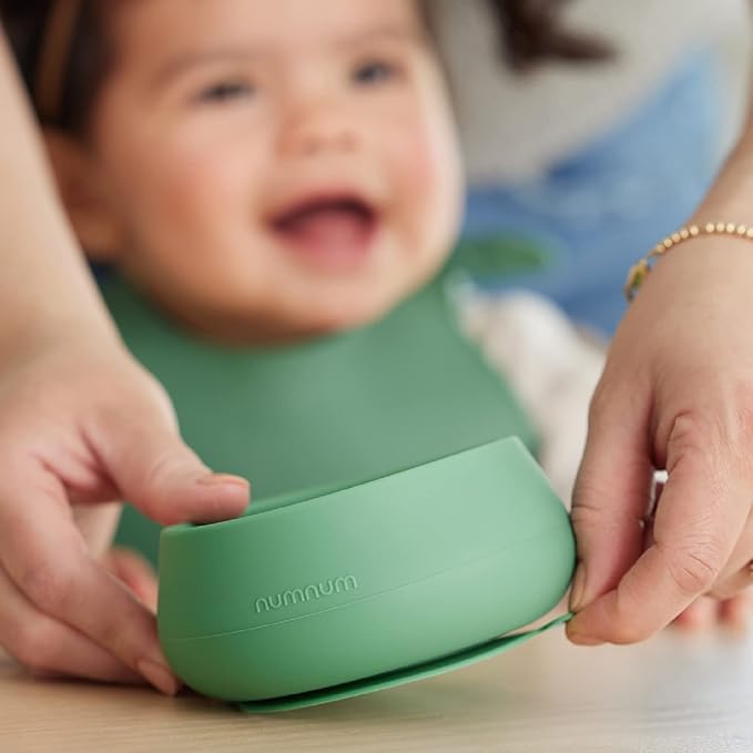 NumNum Baby Bowl & 2 Pack GOOtensils Baby Spoons, Suction Bowls for Baby 4+ Months, Extra Strong Non-Slip Suction, 100% Food-Grade Silicone, BPA-Free, Microwave & Dishwasher Safe (Green/Blue)