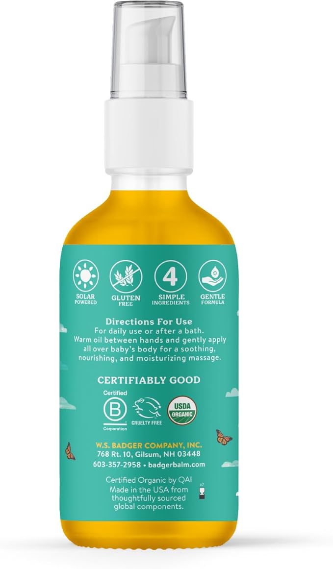 Badger Baby Oil, 100% Organic Ingredients to Soften & Moisturize Dry Skin or Cradle Cap, Soothing Vegan Organic Baby Oil, 4 fl oz Glass Bottle
