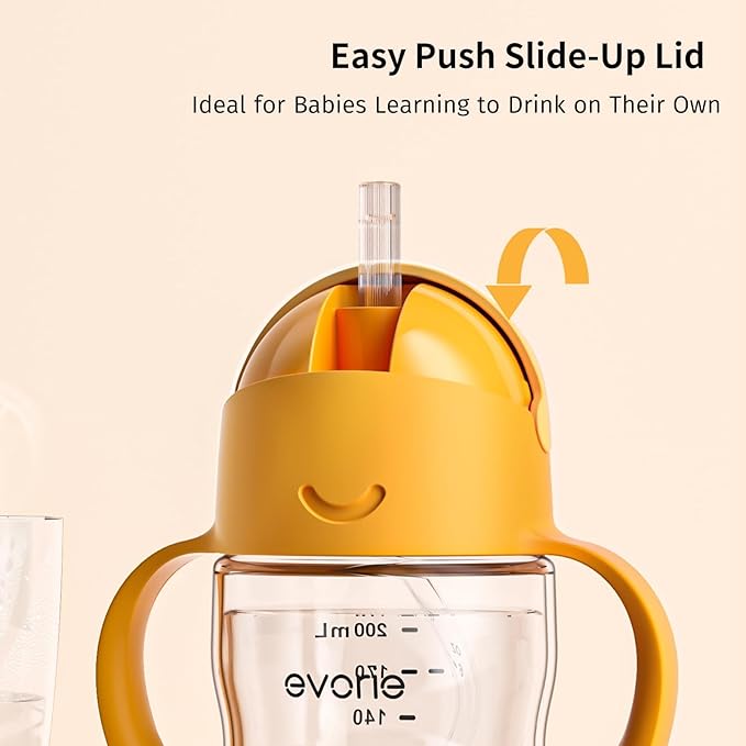 Evorie Tritan Weighted Straw Sippy Cup with Handles for Baby and Toddlers, Spill Proof Baby Water Bottle with Straw for 6 months and up, 7 Oz, Infant Training Water Bottle (Bumble bee)