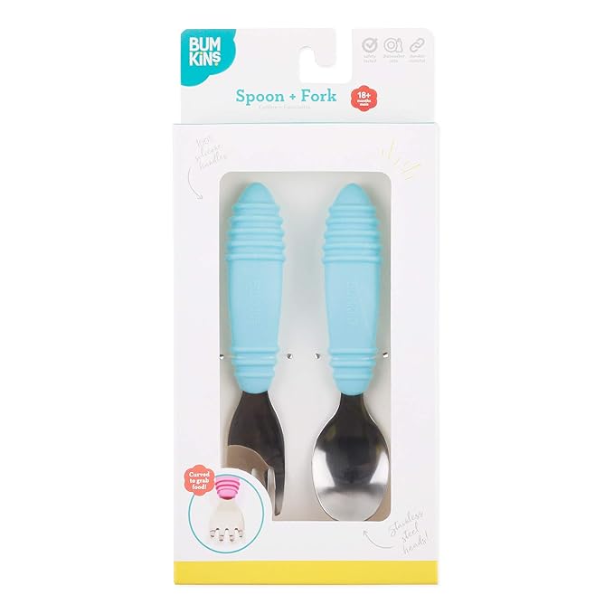 Bumkins Toddler Utensils, Kids Size Fork and Spoon Set, Silicone and Stainless-Steel Training Silverware, Angled Forks / Sporks for Self-Feeding, Children Hold Learning to Eat, 18 Months Up, Blue