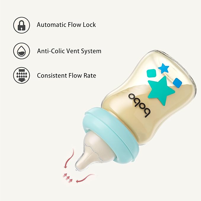 YOHKOH PPSU Baby Bottle Wide Neck, Newborn Anti-Colic Baby Bottle with Natural Response Nipple, Streamlined Body, Easy to Clean (5.4oz (Pack of 2), Blue)