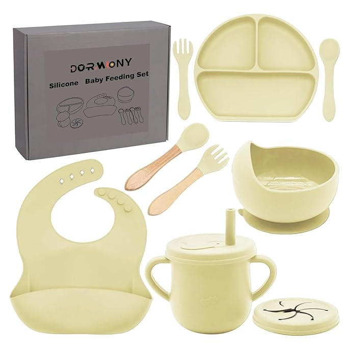 100% Silicone Baby Feeding Set,BPA Free Baby Dishes Set with Suction Bowl Divided Plate,Toddler Self Feeding Dish Set with Spoons Forks Sippy Cup and Bib, Baby Eating Utensils (Yellow)