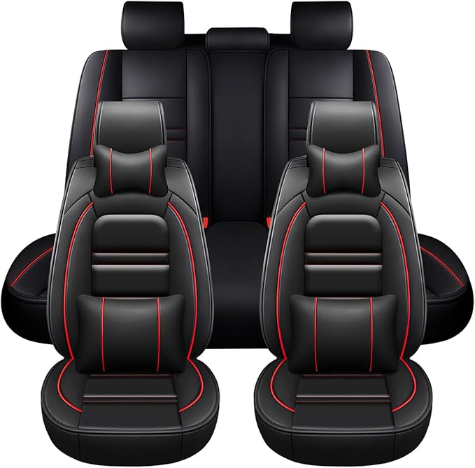 Car Seat Covers for Dodge ram 1500 2004-2011 | 5-Seats Seat Covers, Waterproof Seat Protectors, Automotive Seat Covers (Full Set with Pillow,Black&Red Line)
