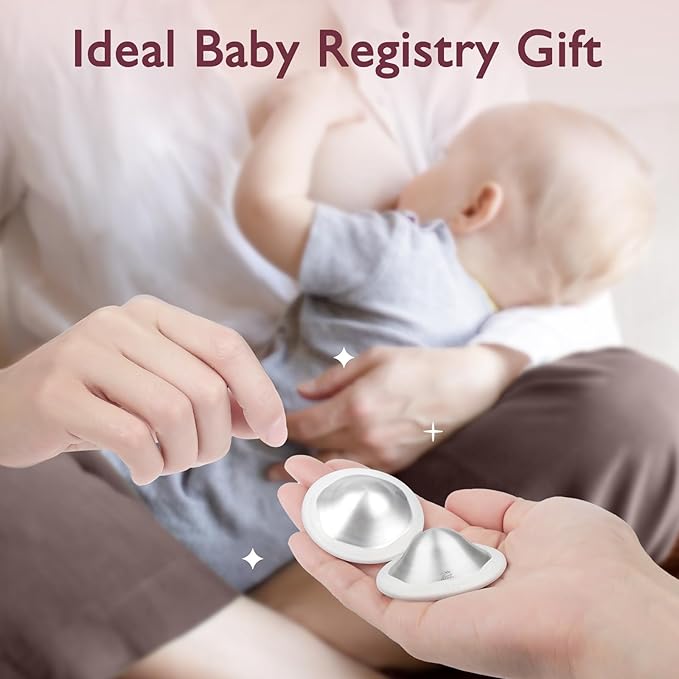 Boboduck The Original Silver Nursing Cups - 999 Silver Nipple Covers Breastfeeding - Protect and Soothe Sore Nipples - Breastfeeding Essentials Silver Nipple Guards with Soft Silicone Ring (X-Large)