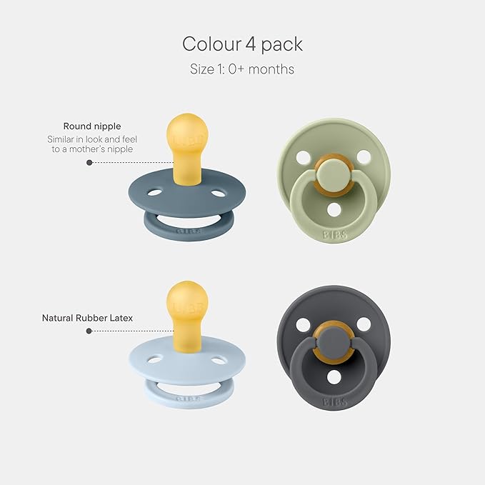 BIBS Pacifiers - Colour 4-Pack | BPA Free Baby Pacifier | Round Nipple Binkies | Natural Rubber Latex Soother | Made in Denmark | Size 1 (0-6 Months) | Baby Blue Mix