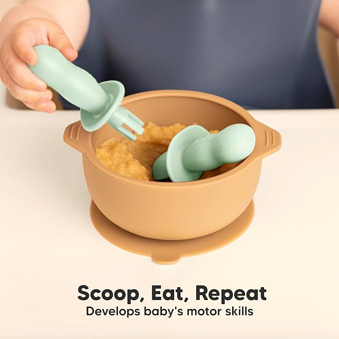 KeaBabies 4-Pack Silicone Baby Spoons and Forks Set - Baby Led Weaning Utensils 6-12 Months, Self Feeding Toddler Spoon & Fork for Training, Teething, Easy to Hold, BPA-Free Silicone (Mellow)