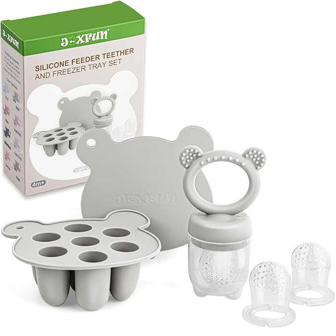 JEXFUN Baby Fruit Food Feeder & Mini Freezer Nibble Tray Combo, Breastmilk Popsicle Molds for Baby Cooling Relief, BPA Free Silicone Feeder for Safe Infant Self Feeding, 4 Month+ (Light Grey)