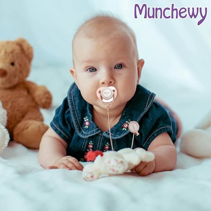 Custom Pacifier with Name, Bling Personalized Pacifier Clip Set with Gift Box, Glitter Crystal Luxurious Soother Dummy Ideal Gift for Boys Baby Shower Newborn Photography(Bling Pink)