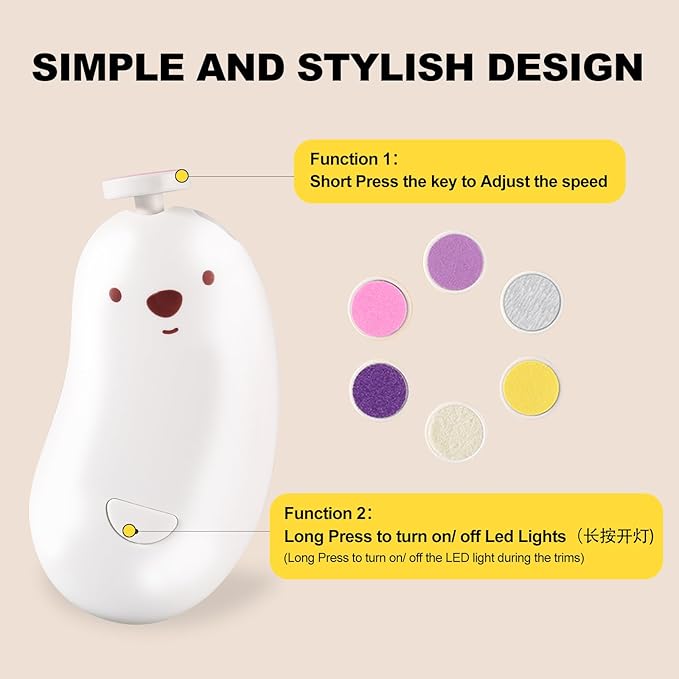 Baby Nail File Electric, Gentle Rechargeable Nail Trimmer, Baby Nail Clippers Grooming Kit Manicure Set for Infant Toddler or Adults, 6 Grinding Head Replacement Pads White