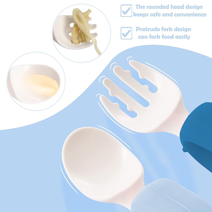 Baby Self Feeding Training Spoon and Fork Set with Travel Case, BPA-Free Cute Circle Toddler Training Utensils, Silicone/ABS Great Tableware Set Spoons Fork for Kids(Blue & Light blue)