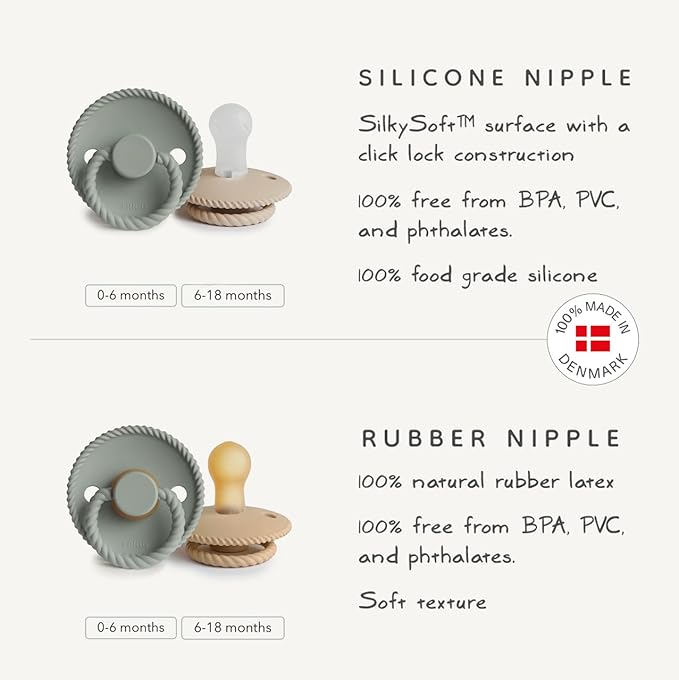 FRIGG Rope Natural Rubber Baby Pacifier | Made in Denmark | BPA-Free (Blush/Cream, 6-18 Months)