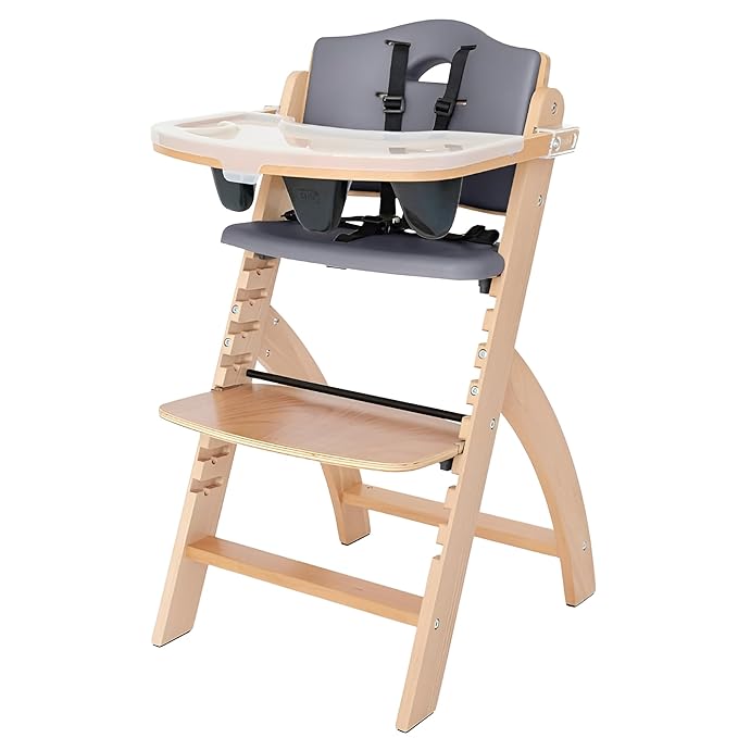 Abiie Beyond Junior Wooden High Chair with Tray - Adjustable and Convertible High Chair for Babies and Toddlers - 6 Months to 250 Lb - Water Resistant - Natural Wood with Dark Grey Cushion