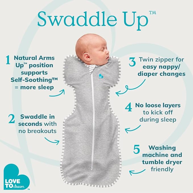 Love to Dream Swaddle UP, Gray, Newborn, 5-8.5 lbs., Dramatically Better Sleep, Allow Baby to Sleep in Their Preferred arms up Position for self-Soothing, snug fit Calms Startle Reflex