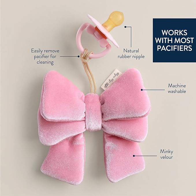 Itzy Ritzy Pacifier & Lovey Set - Natural Rubber Paci with Stuffed Animal Lovey - Detachable Velour Bow Pacifier Holder & Coordinating Natural Rubber Soother, Ideal for Ages 0-6 Months (Bow)
