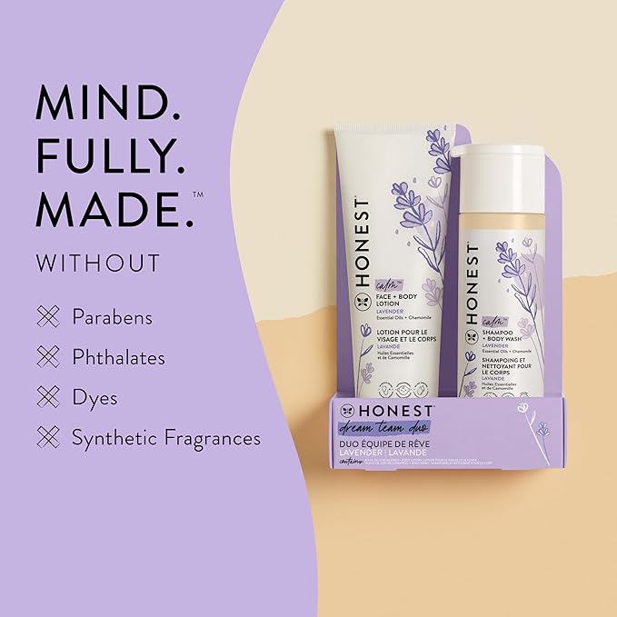 The Honest Company 2-in-1 Cleansing Shampoo and Body Wash and Face and Body Lotion Bundle Gentle for Baby Naturally Derived Lavender Calm 18.5 fl oz