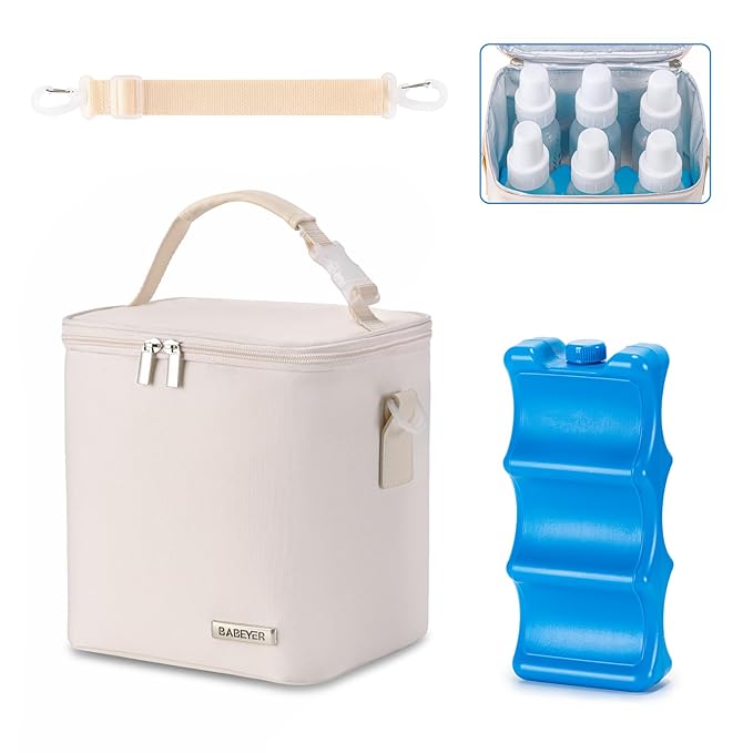 Breastmilk Cooler Bag with Ice Pack Fits 6 Baby Bottles Up to 9 Ounce, Baby Bottle Bag with Shoulder Strap for Nursing Mom Daycare, Cream