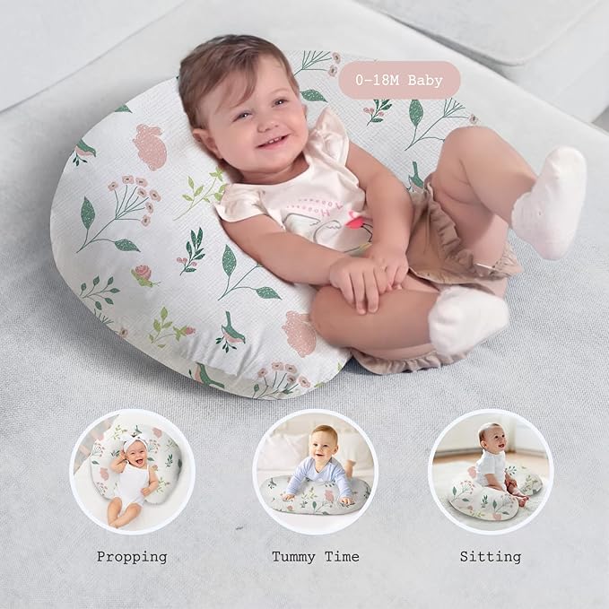 Little Grape Land Nursing Pillow, Soft 100% Cotton Breastfeeding Pillow with Breathable Muslin Cotton Removable Cover, Pink Bunny Breast Feeding Pillows for Babies 0-12 Months with Protective Zipper