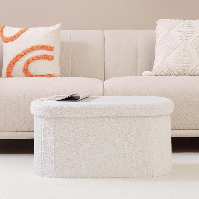 B FSOBEIIALEO Ottoman with Storage for Living Room, Sherpa Folding Storage Ottoman Foot Rest, 30 Inches Collapsible Bedroom Bench White