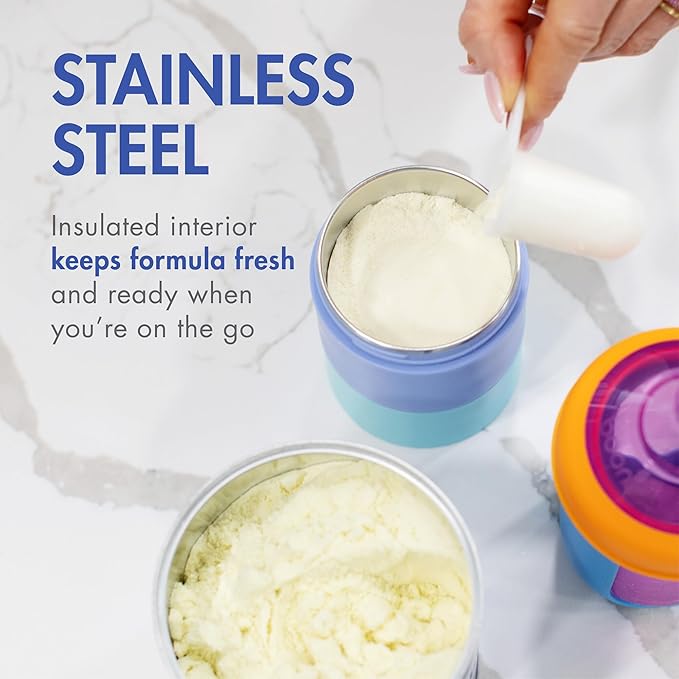 Boon Triful Baby Formula Dispenser On The Go - Insulated Stainless Steel Formula Containers with Stacking Design - Baby Bottle-Feeding Supplies for Travel - Blue