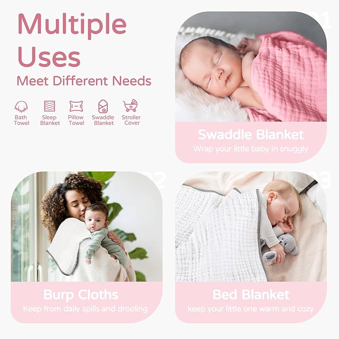 Yoofoss Hooded Baby Towels for Newborn 2 Pack 100% Muslin Organic Cotton Baby Bath Towel with Hood for Babies, Infant, Toddler and Kids, 32x32Inch, Soft and Absorbent Newborn Essential,White and Pink