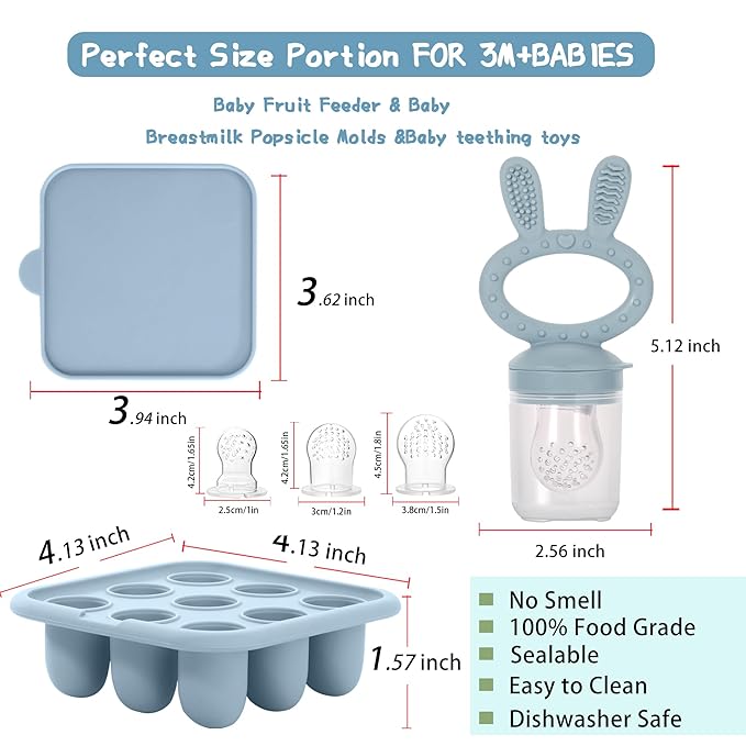 WAJIAYON Baby Breastmilk Popsicle Molds & Baby Fruit Feeder (3 Pack), Baby Food Freezer Tray Storage Containers, Silicone Teething Pacifier Feeder and Teether for Babies,Baby Feeder - Green