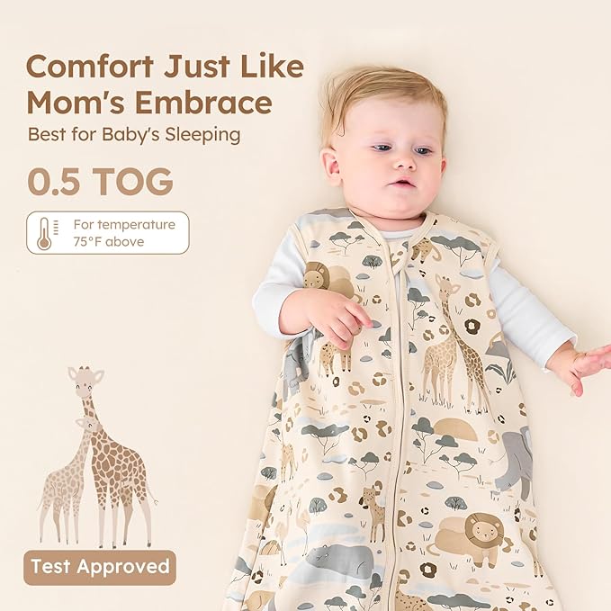 Baby Sleep Sack 0-6 Months 100% Cotton Lightweight 0.5 TOG Wearable Blanket Baby Sleep Bag with 2-Way Zipper for Newborn Infant Apricot Elephant