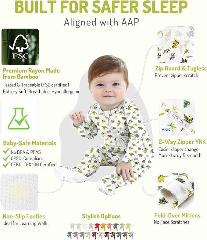 HAPIU Rayon from Bamboo Baby Footed Pajamas, 2 Way Zipper YKK, Footie for Baby Boy Girls, Newborn-24 Months