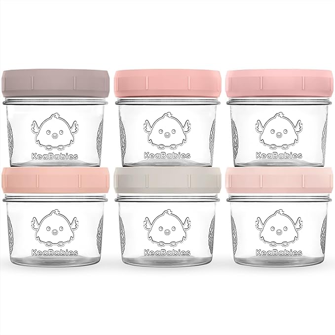 KeaBabies 6pk 4oz Glass Baby Food Containers with Lids - Leak-Proof, Microwavable Small Glass Jars, Baby Purees & Toddler Snack Storage Containers, BPA-Free, Dishwasher & Freezer Safe (Roseate)
