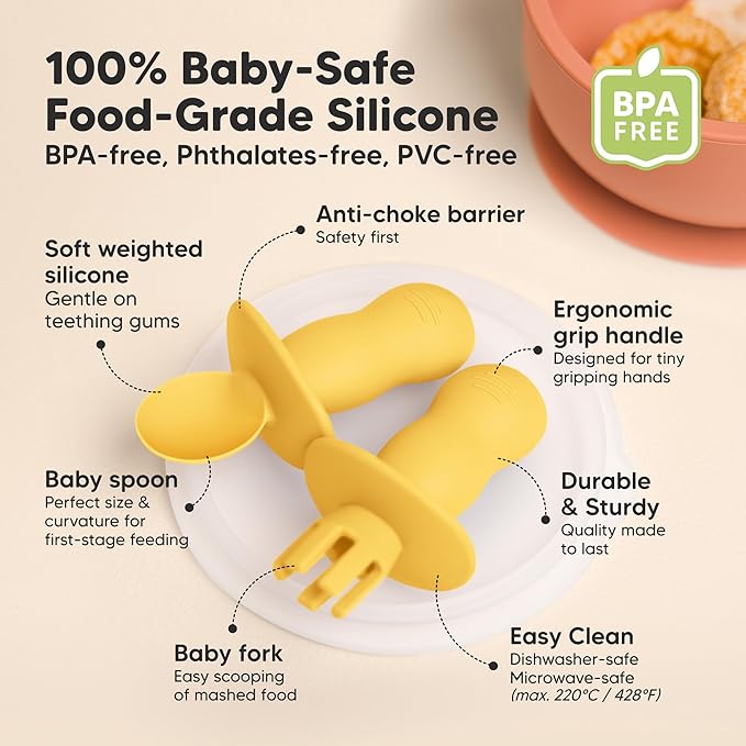 KeaBabies 4-Pack Silicone Baby Spoons and Forks Set - Baby Led Weaning Utensils 6-12 Months, Self Feeding Toddler Spoon & Fork for Training, Teething, Easy to Hold, BPA-Free Silicone (Valiant)