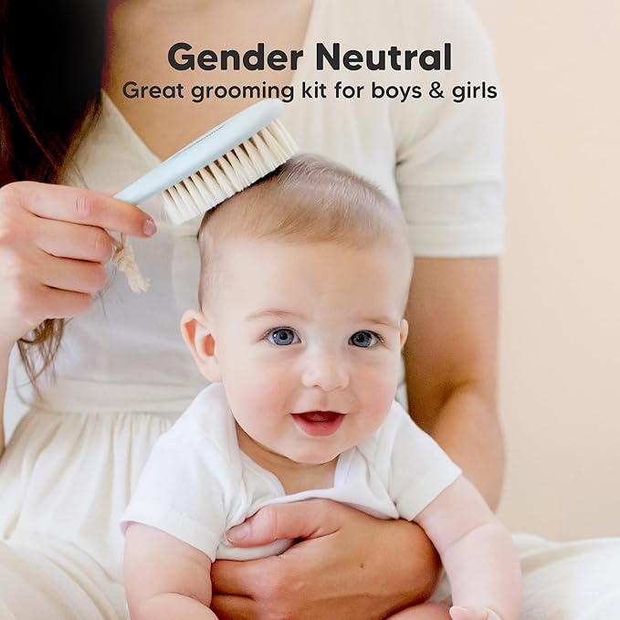 Wooden Baby Hair Brush - Cradle Cap Baby Brush with Soft Goat Bristles, Perfect Gentle Scalp Newborn Comb for Infant, Girls, Boys, Bath Essentials(Frost, Oval)