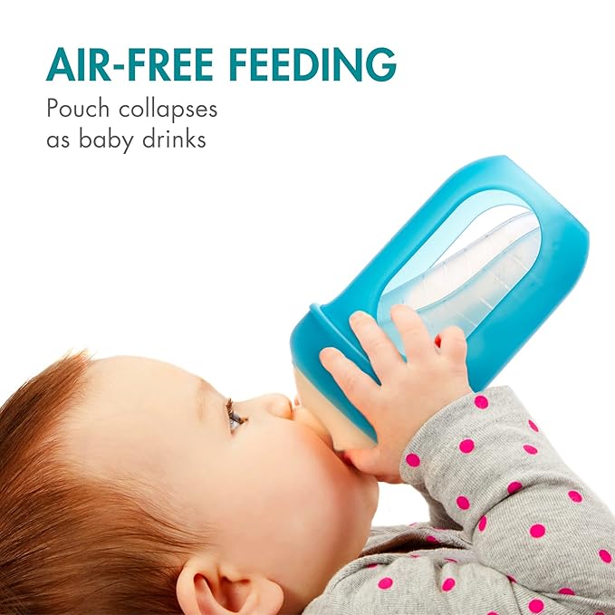 Boon Nursh Reusable Silicone Pouch Baby Bottles - Medium Flow Nipple - Silicone Baby Bottle Pouch and Nipple - Baby Feeding Essentials - Blue - 3-6 Months - 3 Count - 8 Ounce