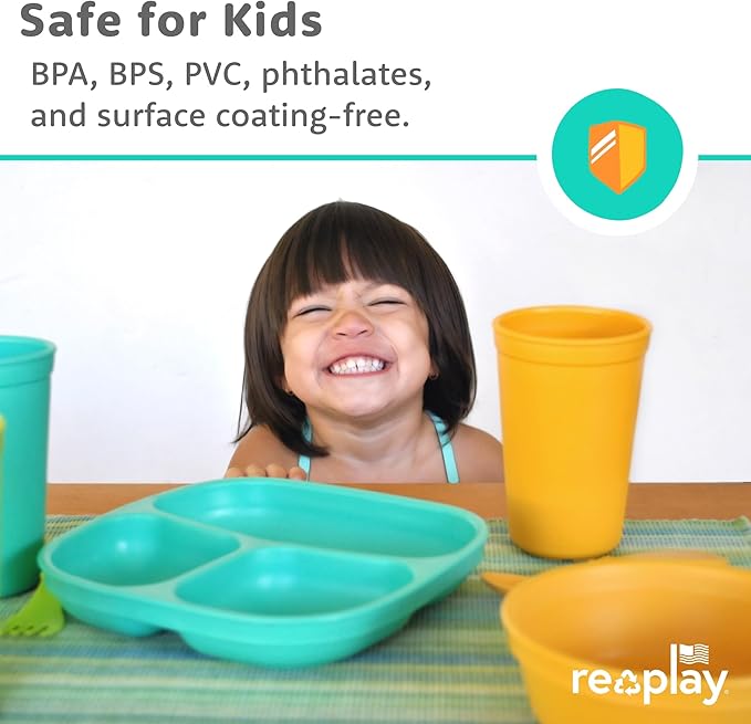 Re-Play Toddler Plates with Dividers - Deep-Walled 3 Compartments Divided Plates for Kids with 3 Lids - Dishwasher & Microwave Safe - Made in USA - Set of 3-7.37" x 7.37" x 1.25" - Princess