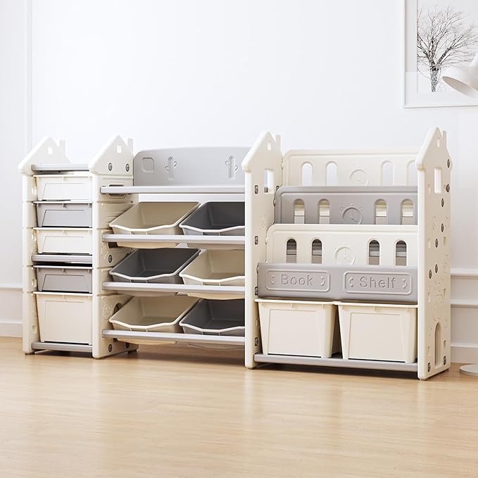 3 in 1 Kids Toy Storage Organizer with Bookshelf, Large Toddler Toy Storage Cabinet Box Bin for Living Room, Playroom/Classroom, Toy Shelf for Girl Boy