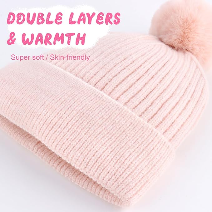 Girls Winter Hat Warm Toddler Beanie with Pom Pom Winter Hats for Baby and Kids