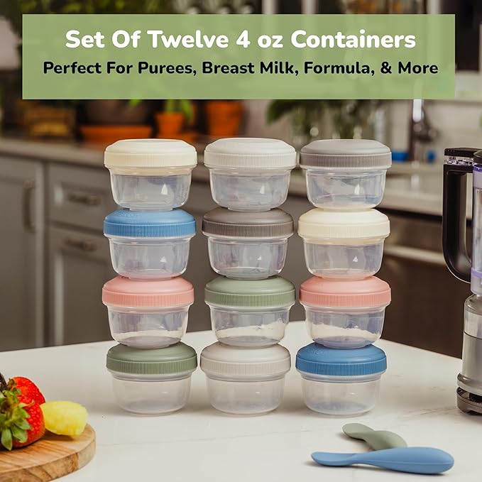 WeeSprout Leakproof Baby Food Storage - 12 Set, Small Plastic Containers with Lids, Lock in Freshness, Nutrients & Flavor, Freezer & Dishwasher Friendly, 4oz Snack Containers (Variety Matte)